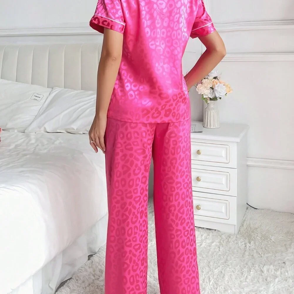 Hot Pink Casual Women's Satin Jacquard Lapel Collar Button Down Pajama Set